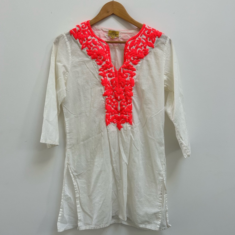 Embroidered White and Coral Women's Cotton Tunic